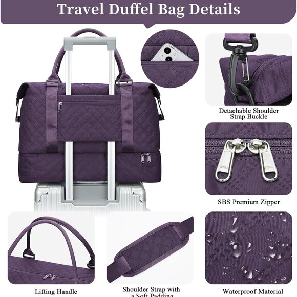 Weekender Bags for Women, Carry on Overnight Weekend Travel Duffel Bag with Shoe - Picture 7 of 9